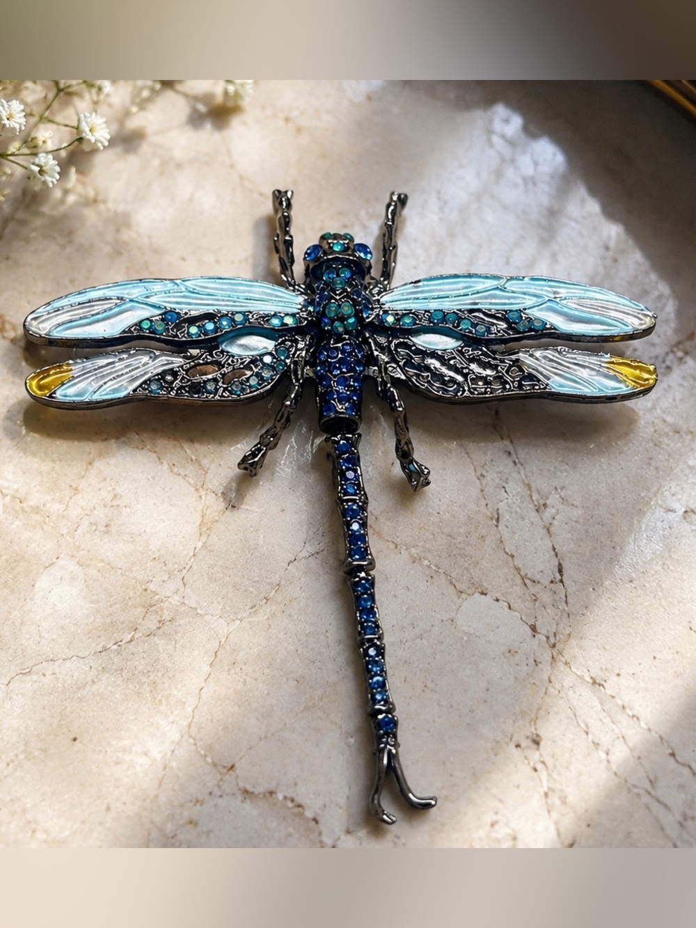 Large Articulated Dragonfly Brooch – Blue Rhinestone & Enamel Statement Pin